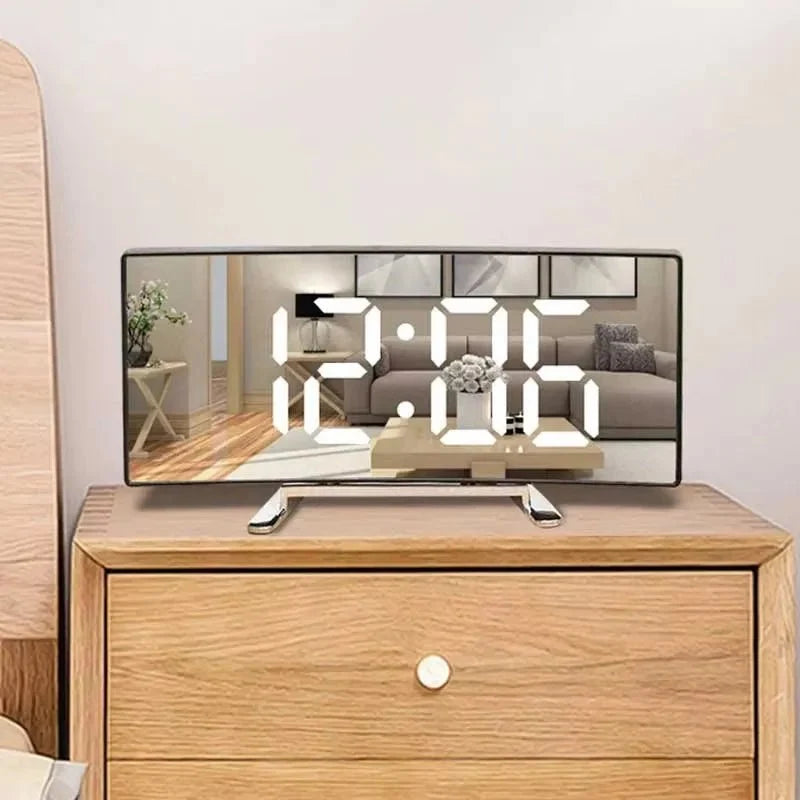 Alarm Clock Curved Mirror LED Display Silent Operation