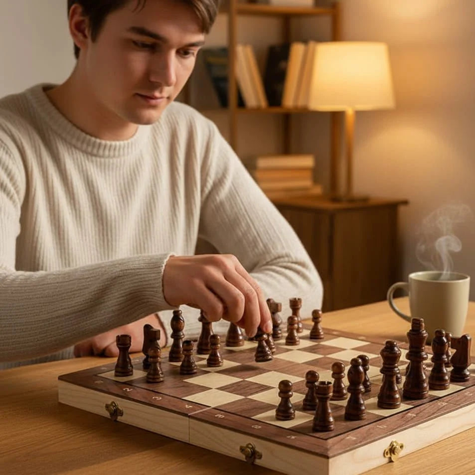 Chess Set Magnetic Wooden Folding Board Travel-Friendly