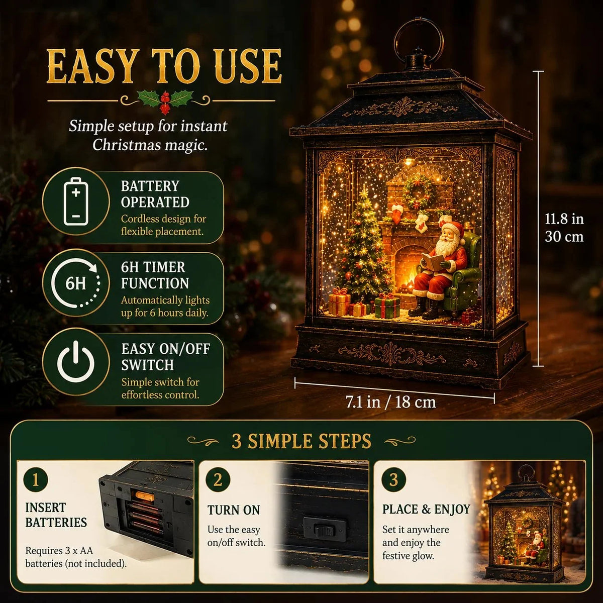 Christmas Lantern Santa Scene Warm Light Swirling Snow