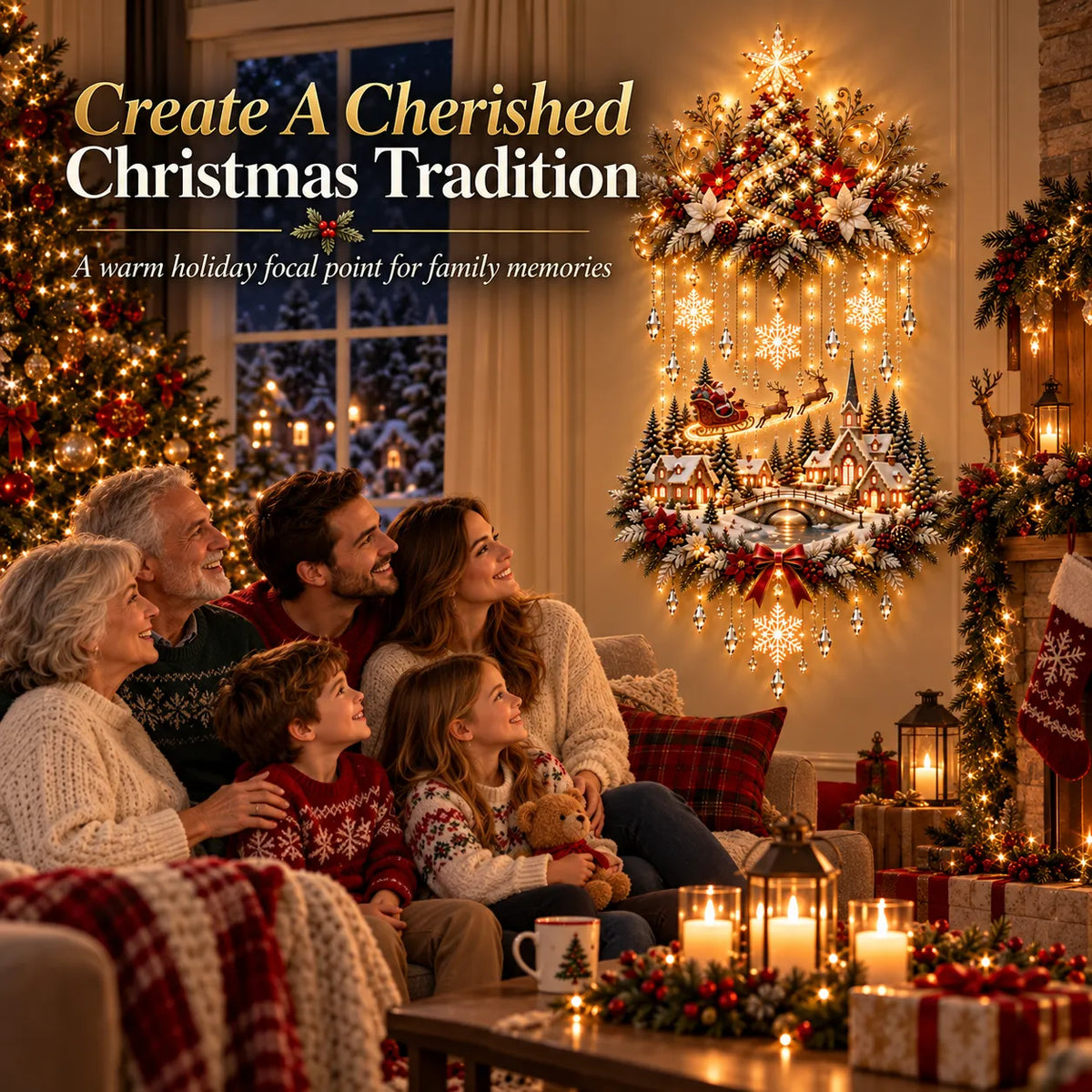 Christmas Wall Decoration Illuminated Tree & Village Warm Lights
