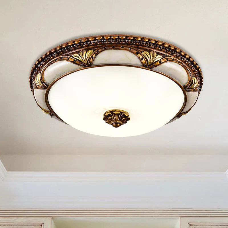 Flush Mount Ceiling Light Antique Brass Floral Glass Shade