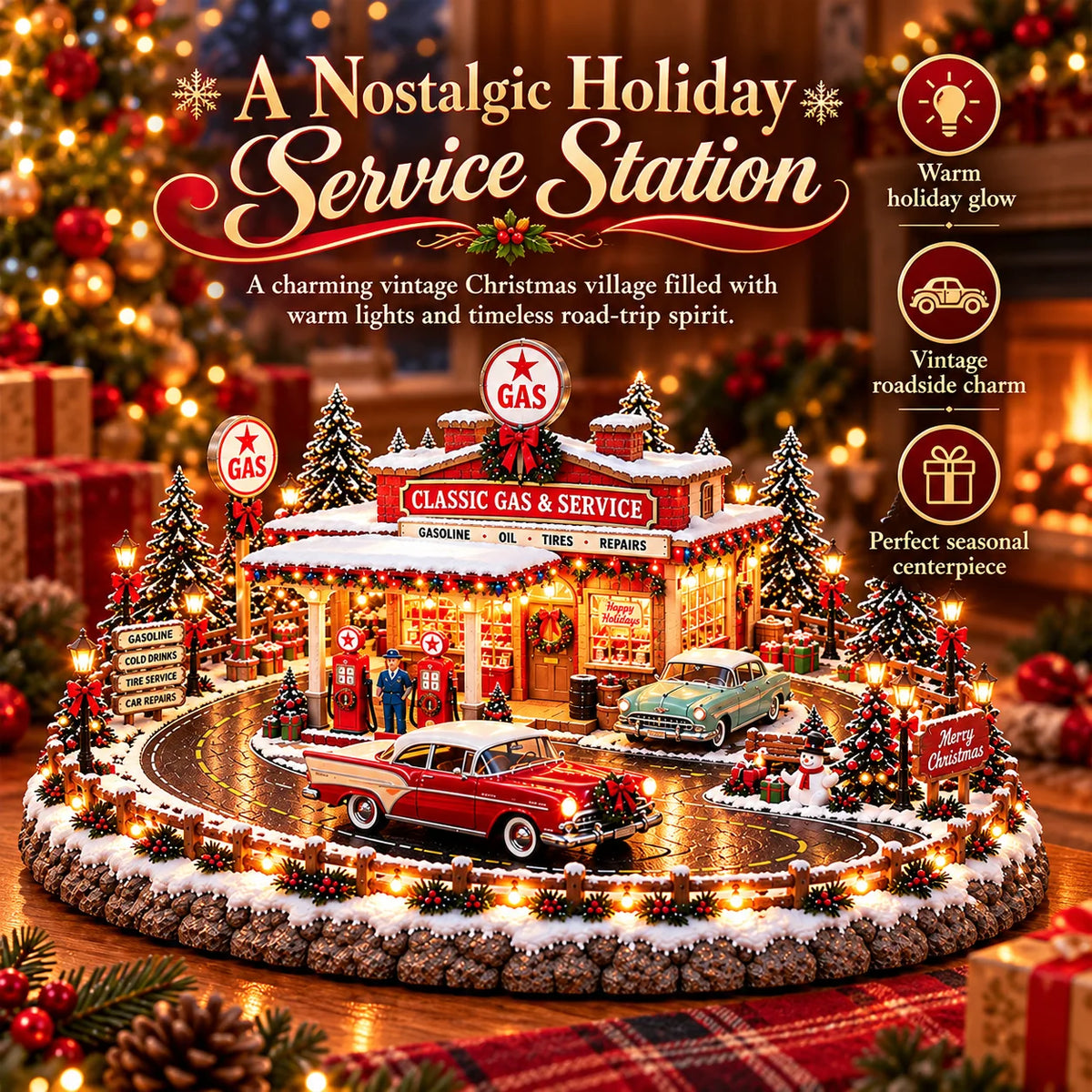 Gas Station Village Lighted Vintage With Classic Cars