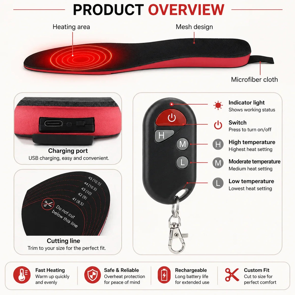 Heated Insoles Rechargeable Wireless Remote Control