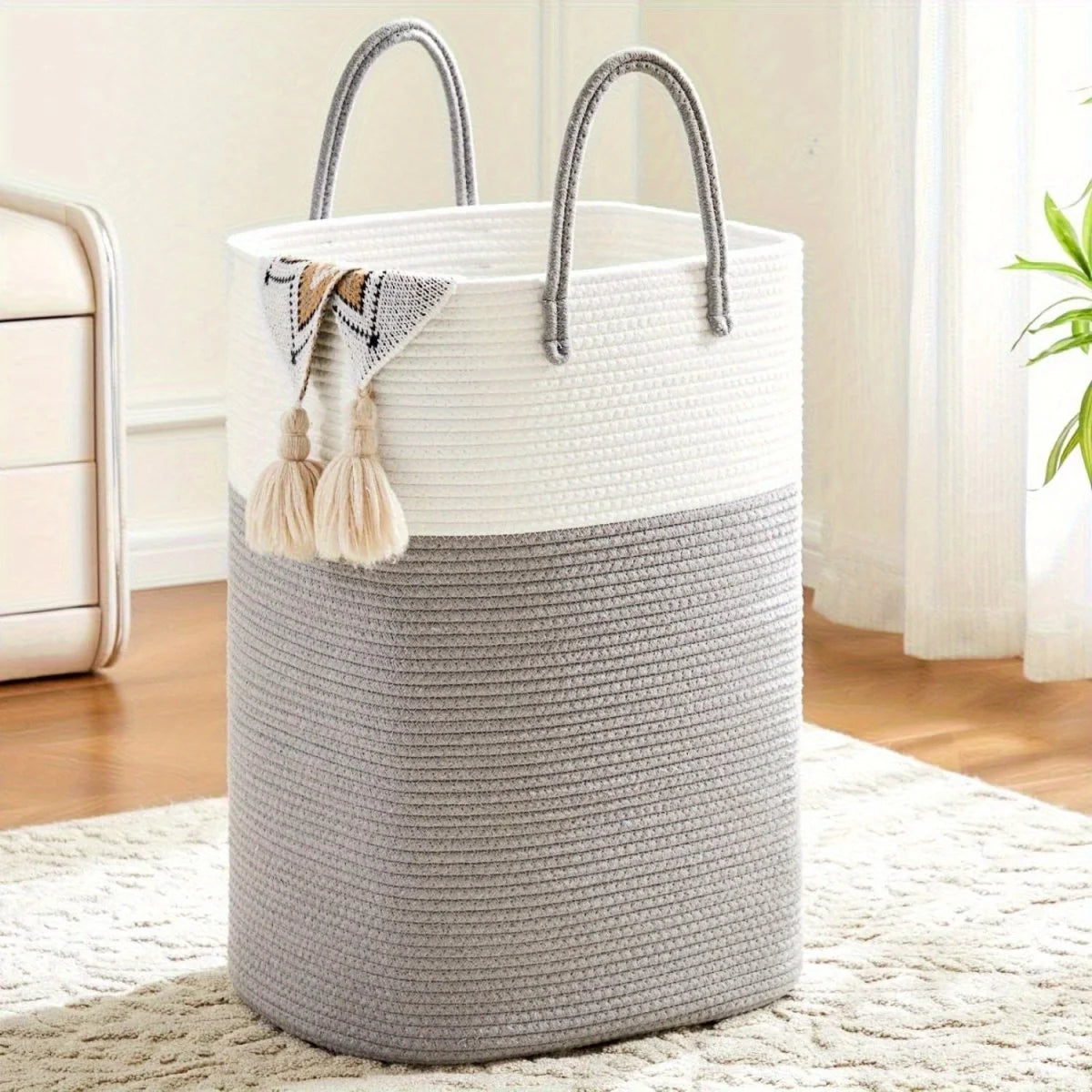 Laundry Basket Woven Cotton Foldable Breathable With Handles
