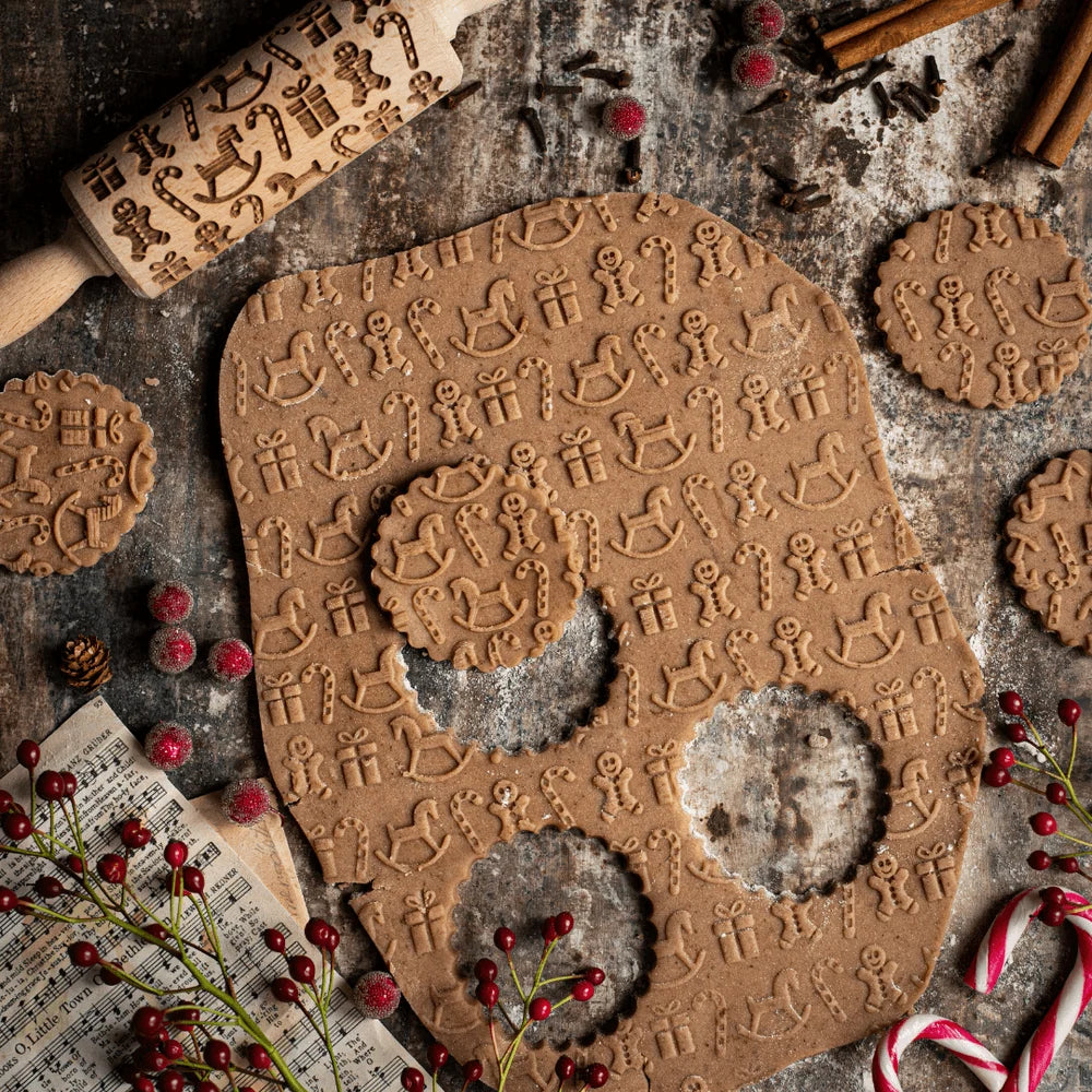 Rolling Pin Solid Maple Wood Deep-Carved Holiday Patterns