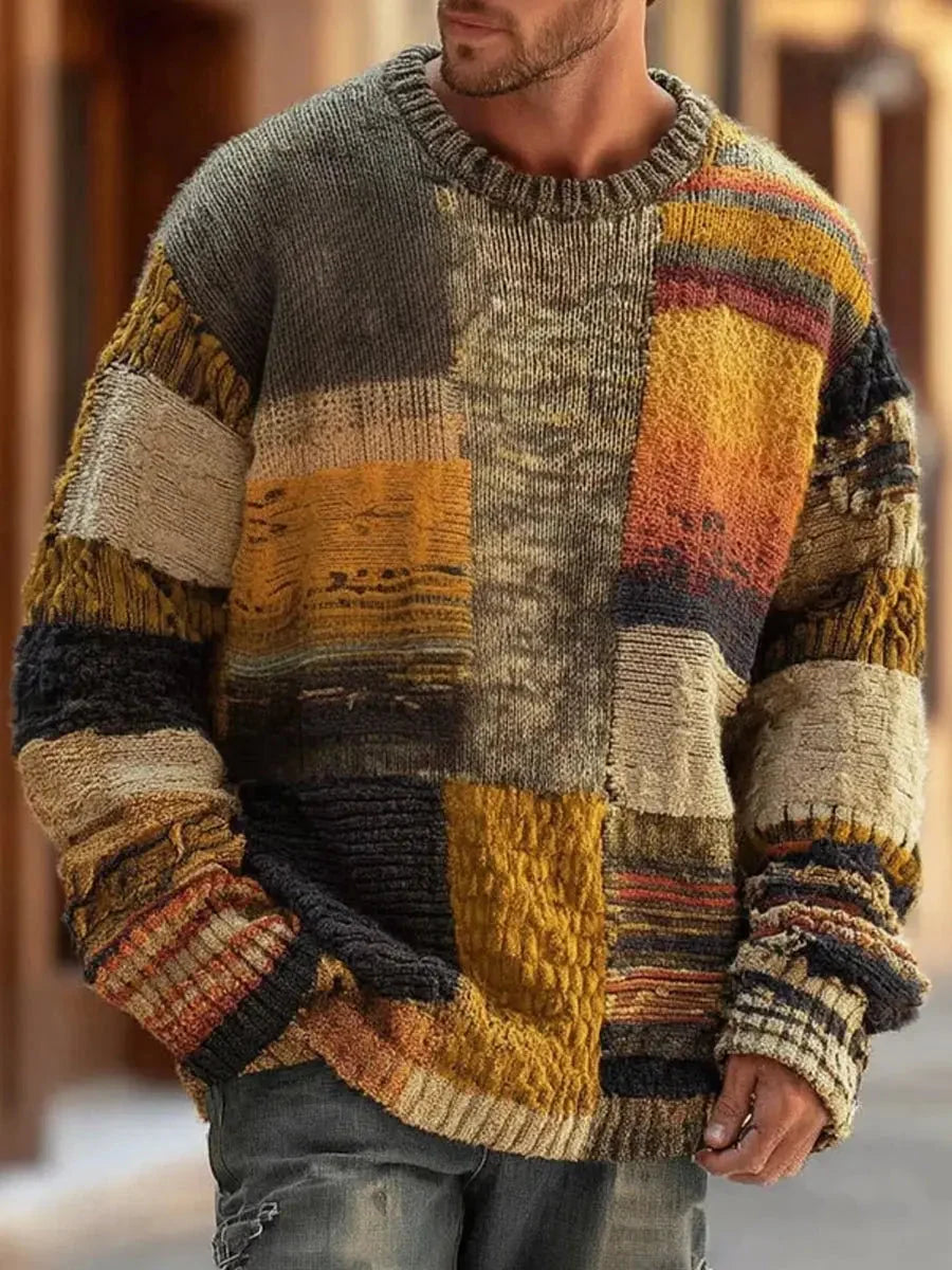 Sweater Chunky Knit Patchwork Color-Block Relaxed Fit