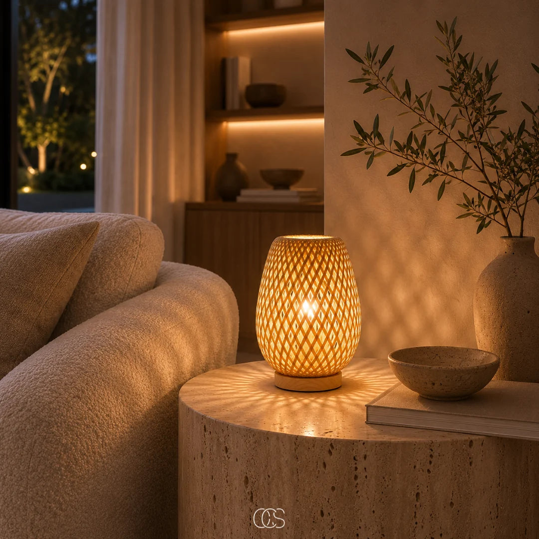 Table Lamp Handwoven Bamboo Cordless Dimmable LED 3 Light Colors