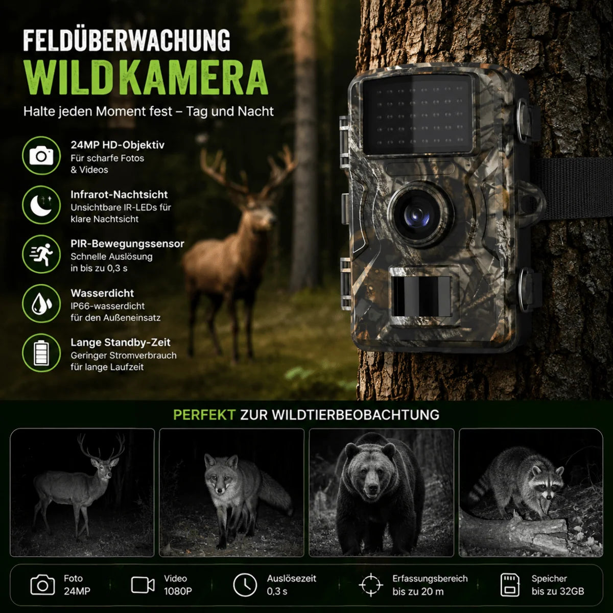 Trail Camera Night Vision Motion-Triggered Weatherproof