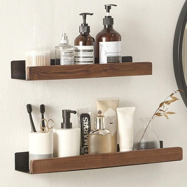 Bathroom Wall Shelf Wood Finish Self-Adhesive Moisture-Resistant