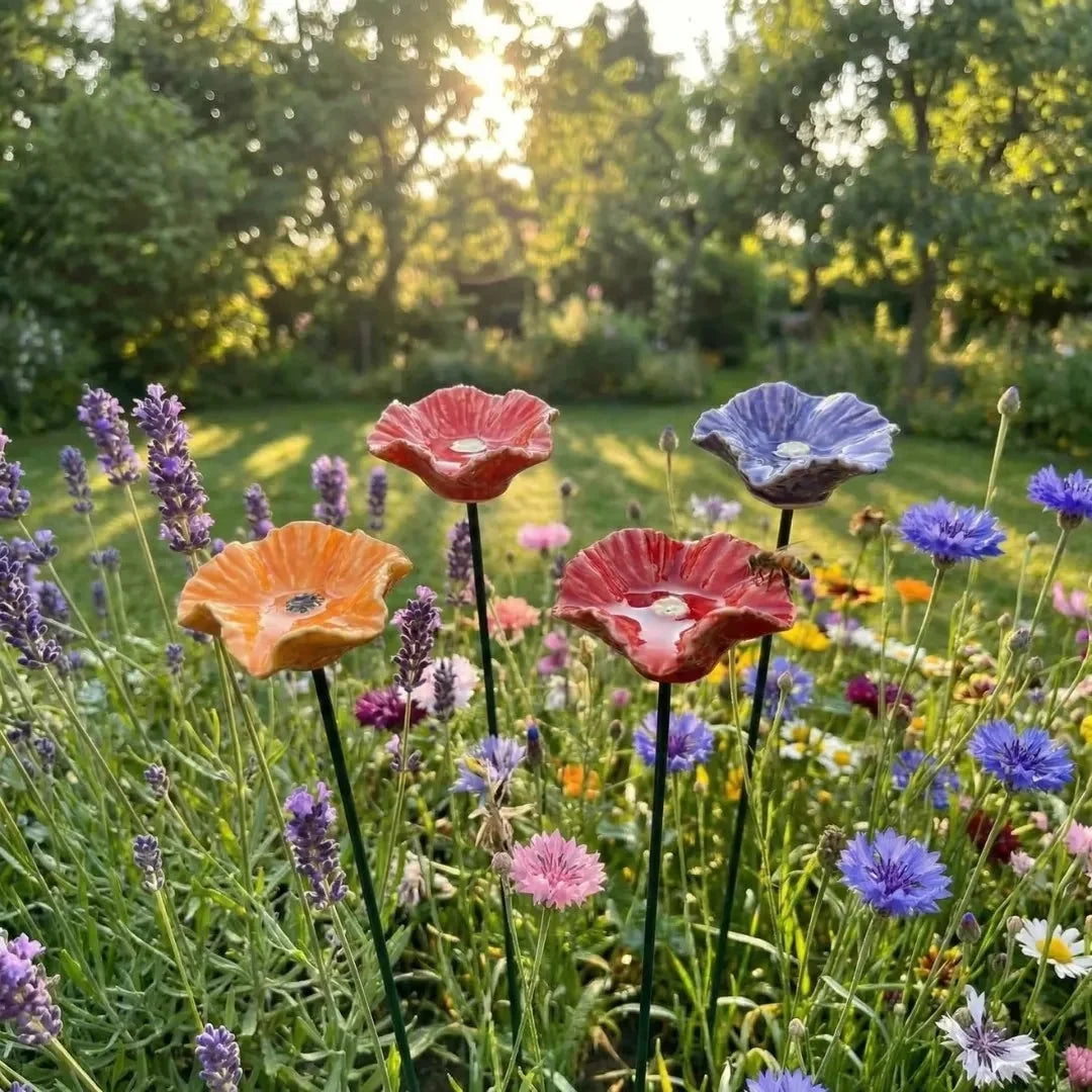 Bee Watering Stakes Glazed Ceramic Flower Cups
