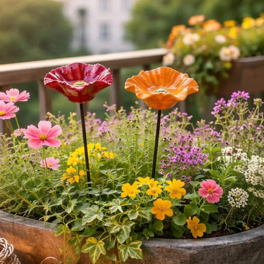 Bee Watering Stakes Glazed Ceramic Flower Cups