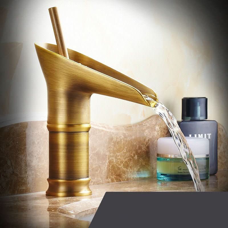 Brass Deck-Mounted Bathroom Faucet with Waterfall Spout
