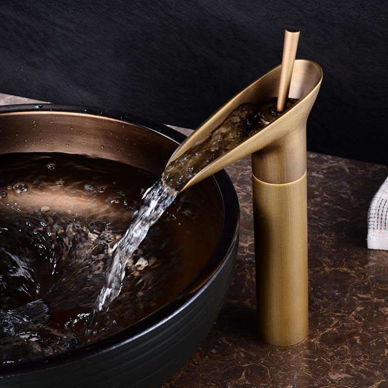 Brass Deck-Mounted Bathroom Faucet with Waterfall Spout