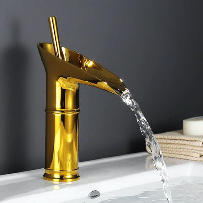 Brass Deck-Mounted Bathroom Faucet with Waterfall Spout