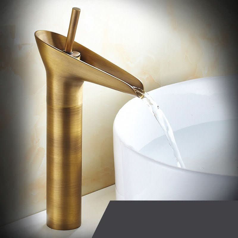 Brass Deck-Mounted Bathroom Faucet with Waterfall Spout