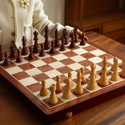 Chess Set Folding Wooden Board Magnetic Closure & Piece Storage