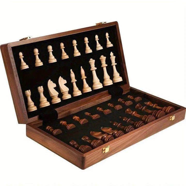 Chess Set Folding Wooden Board Magnetic Closure & Piece Storage