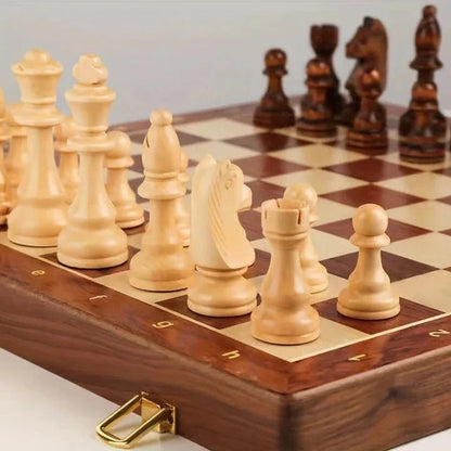 Chess Set Folding Wooden Board Magnetic Closure & Piece Storage