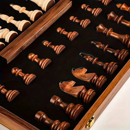 Chess Set Folding Wooden Board Magnetic Closure & Piece Storage
