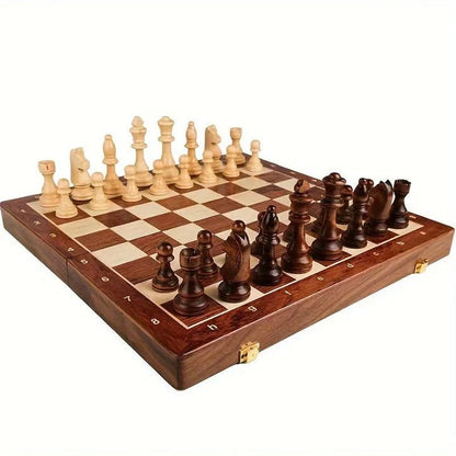 Chess Set Folding Wooden Board Magnetic Closure & Piece Storage