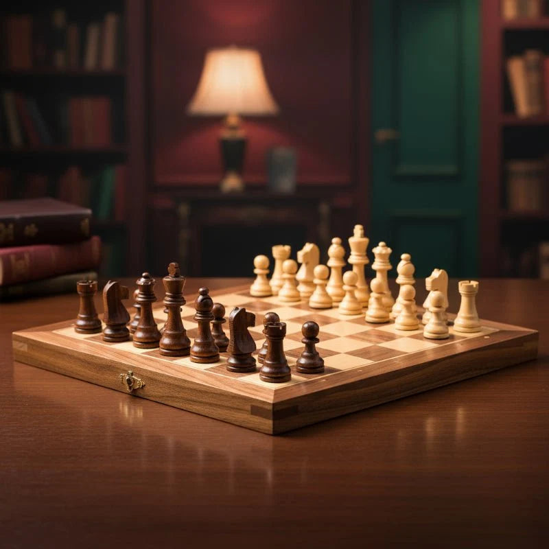 Chess Set Magnetic Wooden Folding Board Travel-Friendly