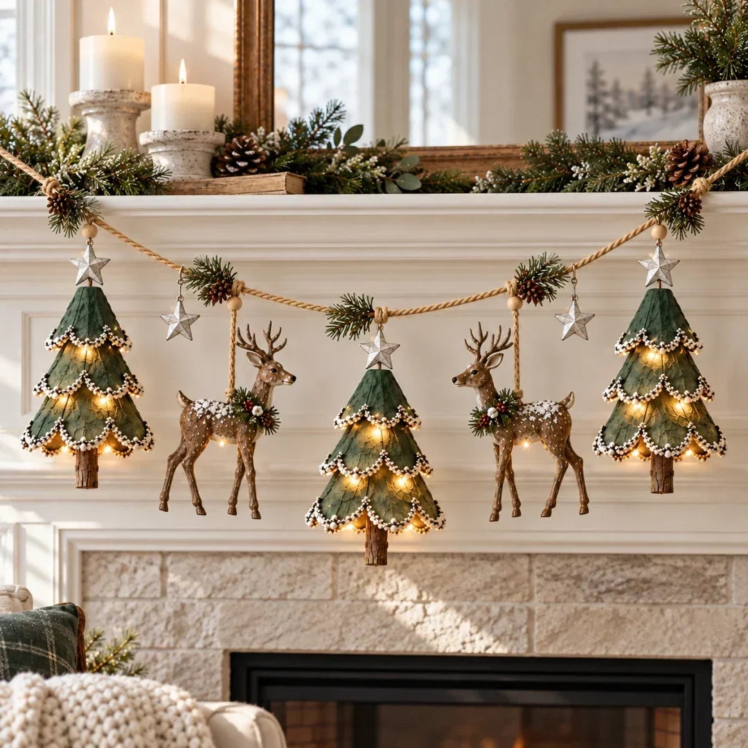 Christmas Garland Handcrafted Woodland Warm Lights 31.5 Inch
