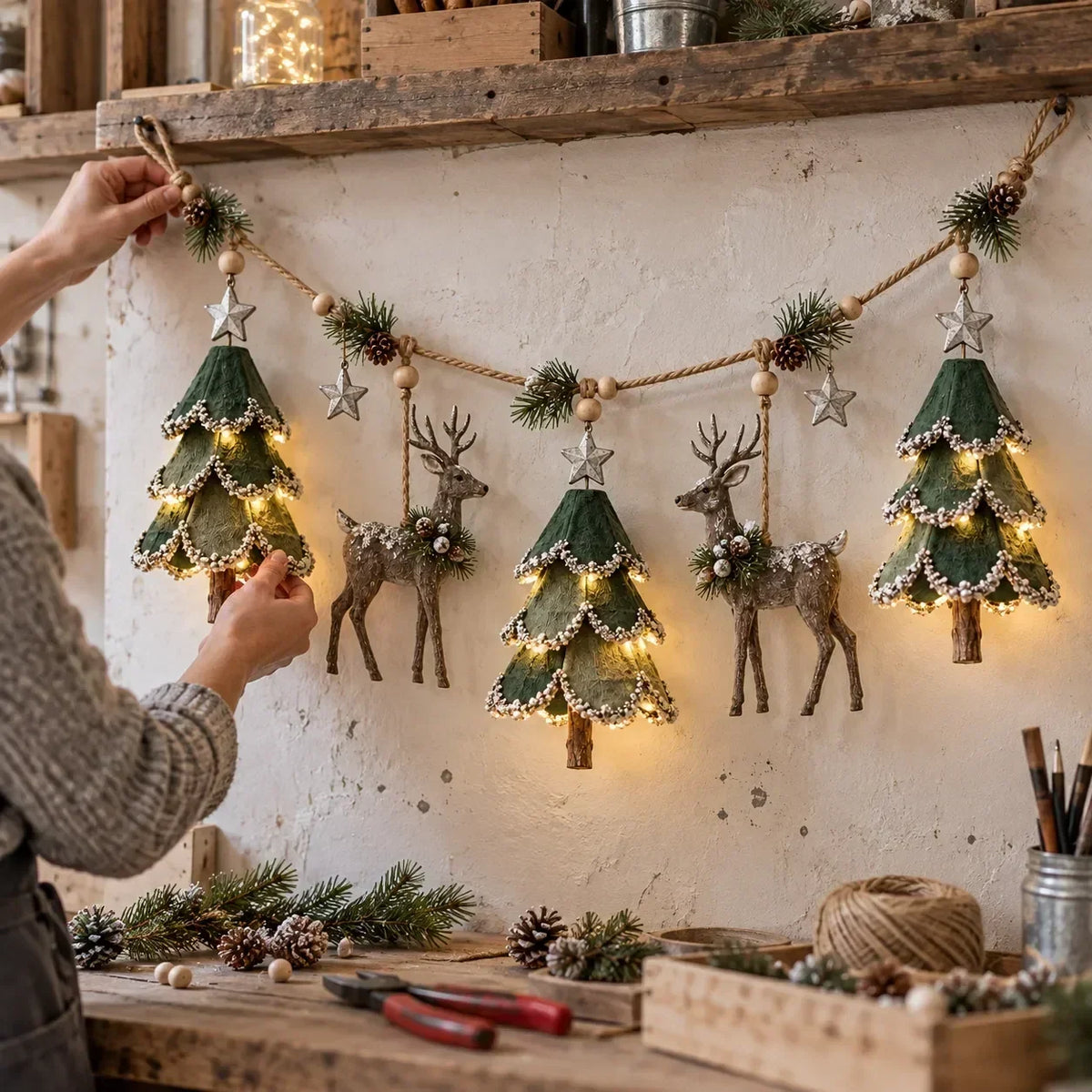 Christmas Garland Handcrafted Woodland Warm Lights 31.5 Inch