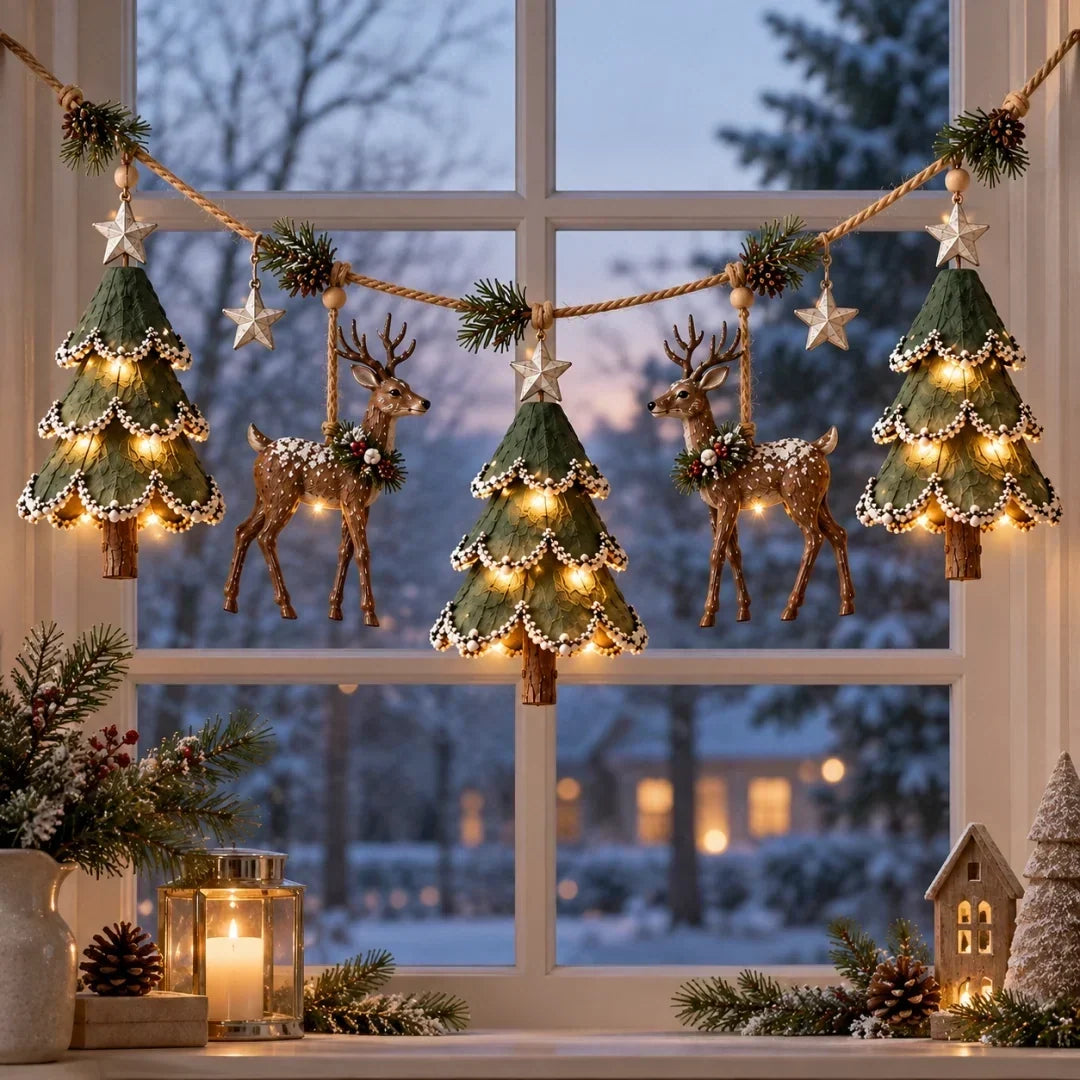 Christmas Garland Handcrafted Woodland Warm Lights 31.5 Inch