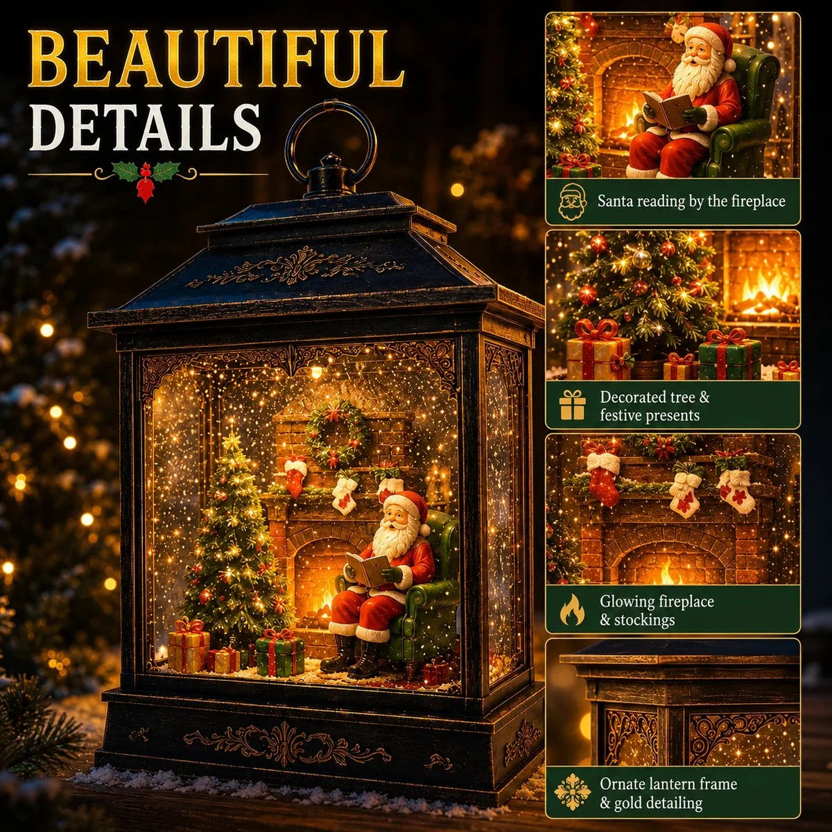 Christmas Lantern Santa Scene Warm Light Swirling Snow