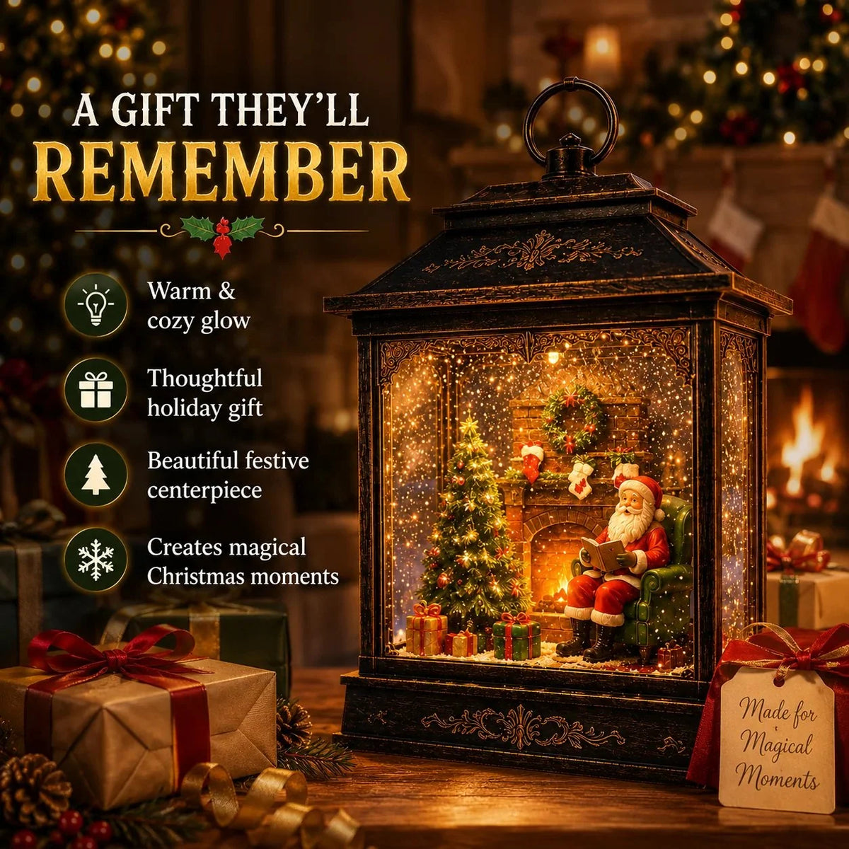 Christmas Lantern Santa Scene Warm Light Swirling Snow