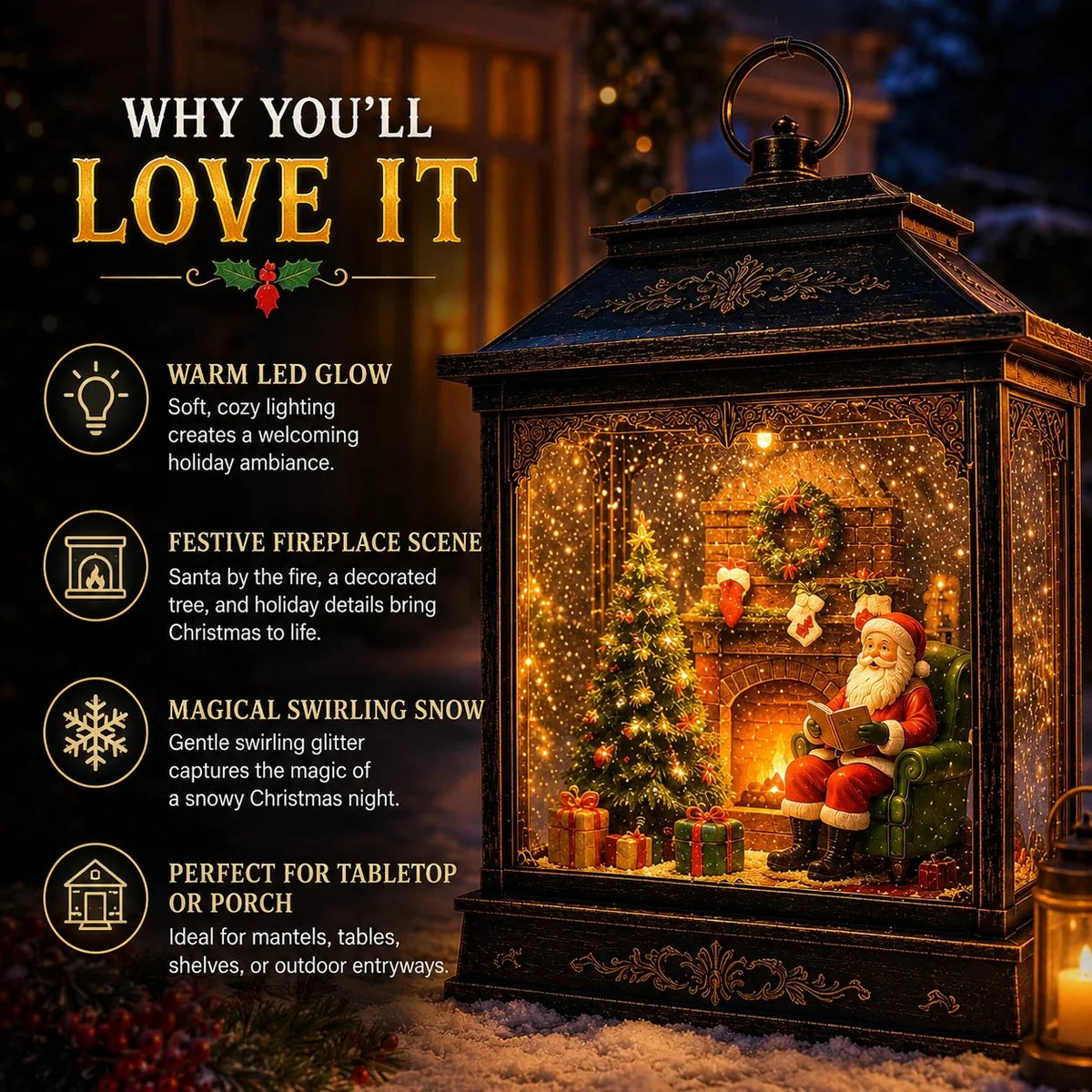 Christmas Lantern Santa Scene Warm Light Swirling Snow