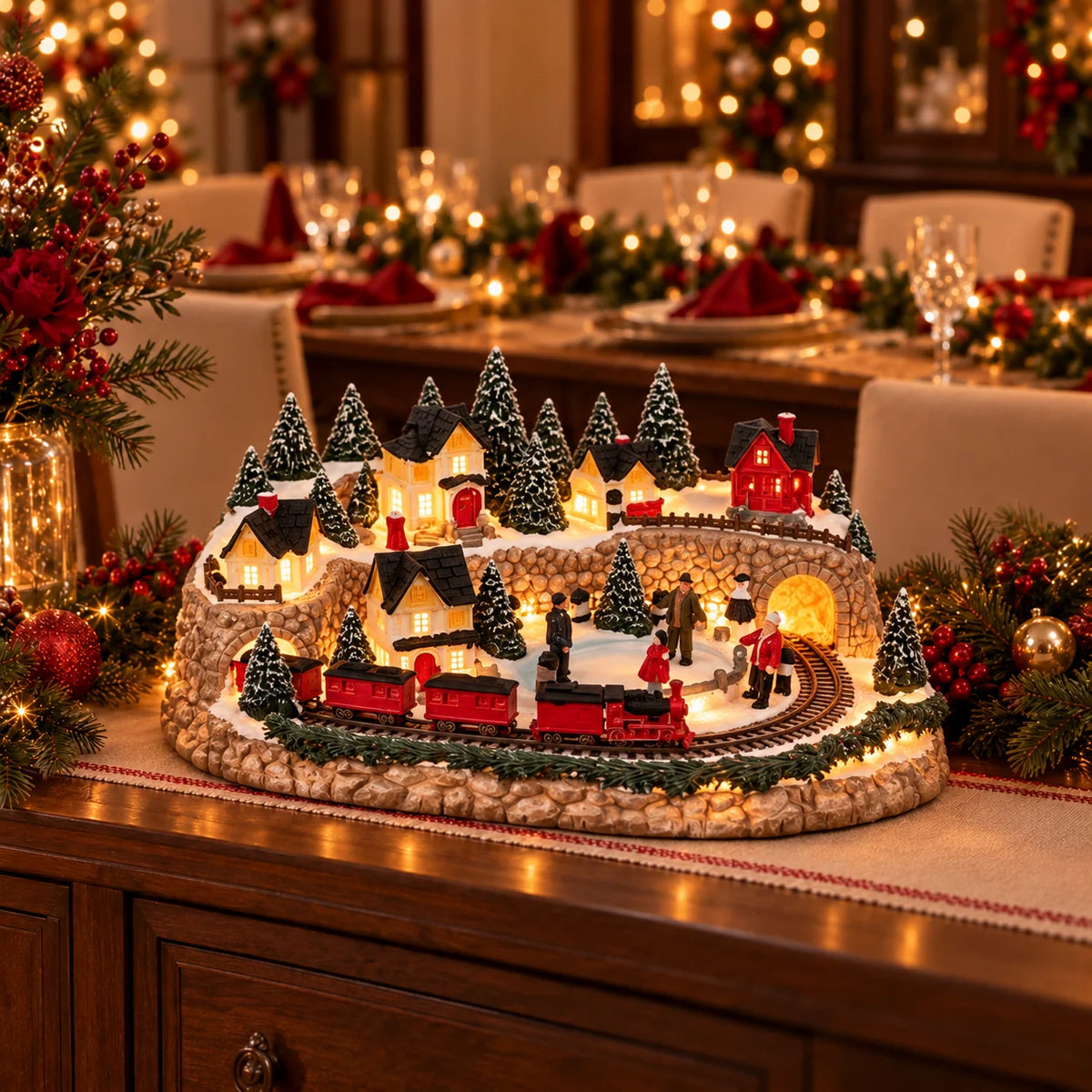 Christmas Village Decoration Lighted Multi-Level Train & Reindeer Sleigh