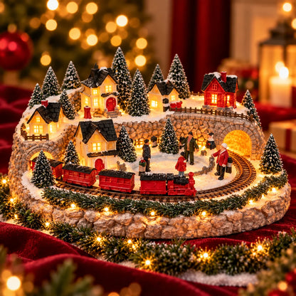 Christmas Village Decoration Lighted Multi-Level Train & Reindeer Sleigh