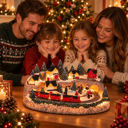 Christmas Village Decoration Lighted Multi-Level Train & Reindeer Sleigh