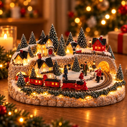 Christmas Village Decoration Lighted Multi-Level Train & Reindeer Sleigh