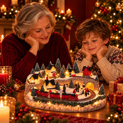 Christmas Village Decoration Lighted Multi-Level Train & Reindeer Sleigh