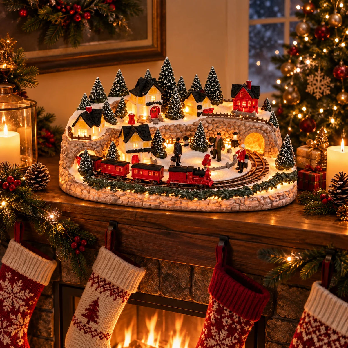 Christmas Village Decoration Lighted Multi-Level Train & Reindeer Sleigh