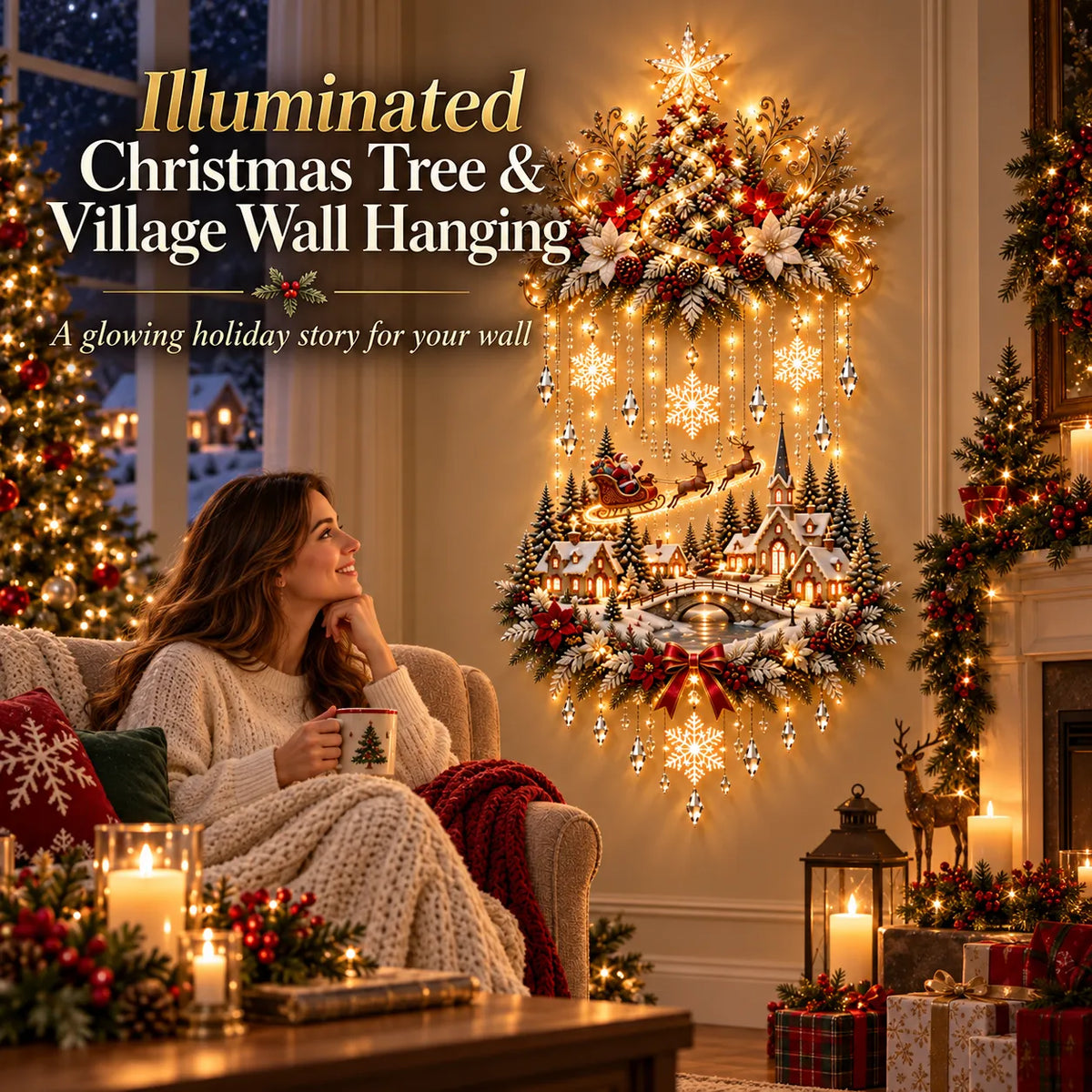 Christmas Wall Decoration Illuminated Tree & Village Warm Lights