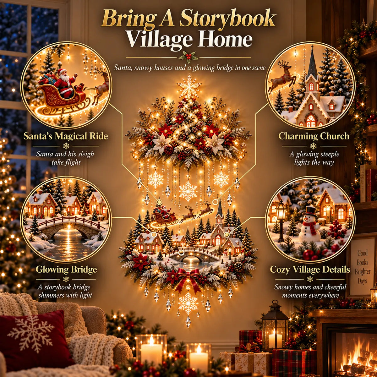 Christmas Wall Decoration Illuminated Tree & Village Warm Lights