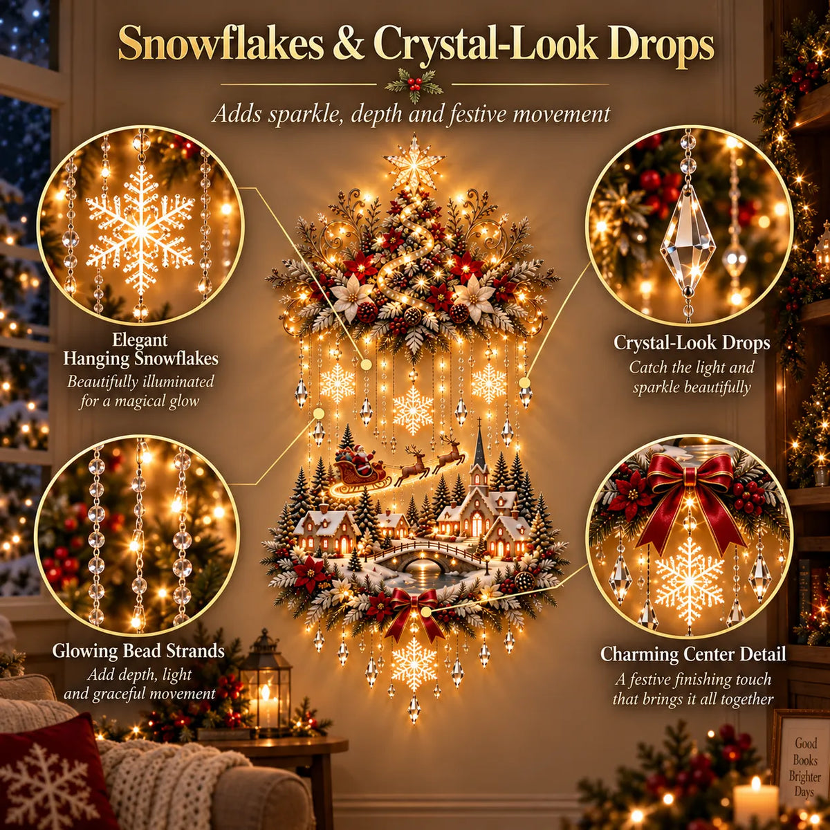 Christmas Wall Decoration Illuminated Tree & Village Warm Lights