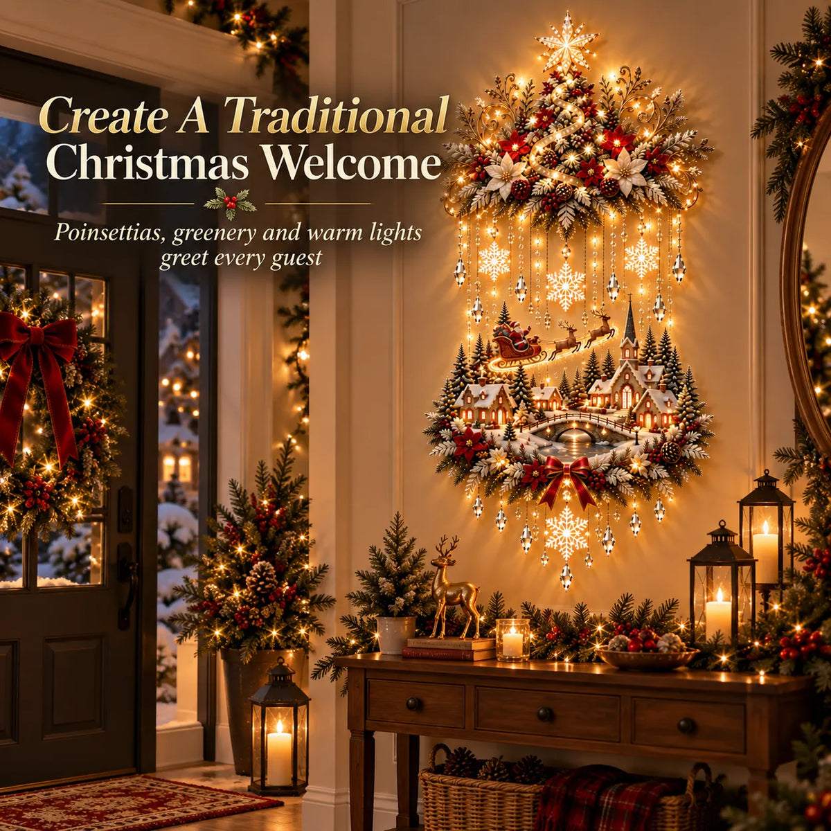 Christmas Wall Decoration Illuminated Tree & Village Warm Lights