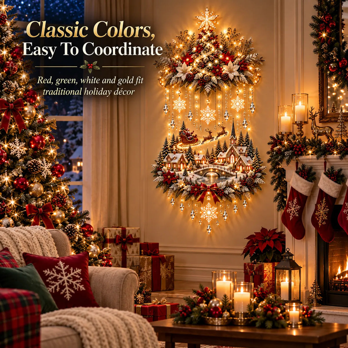 Christmas Wall Decoration Illuminated Tree & Village Warm Lights