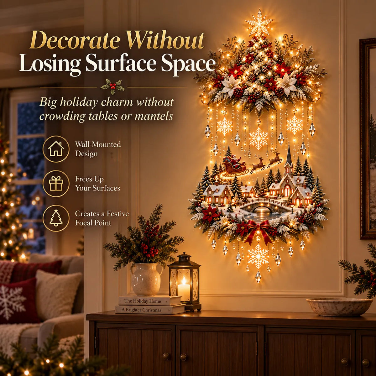 Christmas Wall Decoration Illuminated Tree & Village Warm Lights