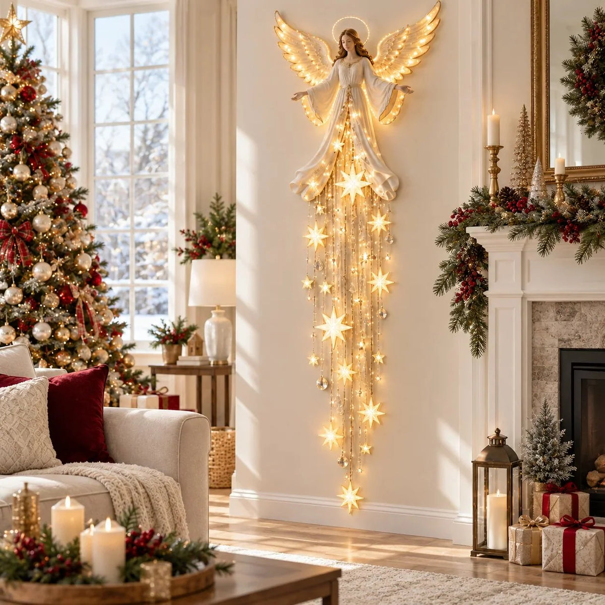 Christmas Wall Light Angel With Warm White Cascading Stars