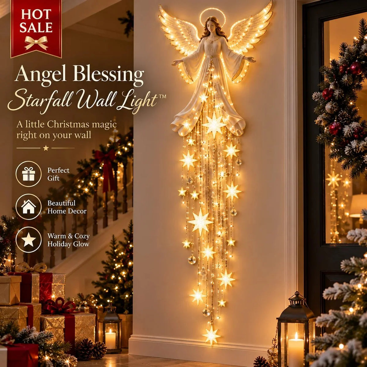 Christmas Wall Light Angel With Warm White Cascading Stars