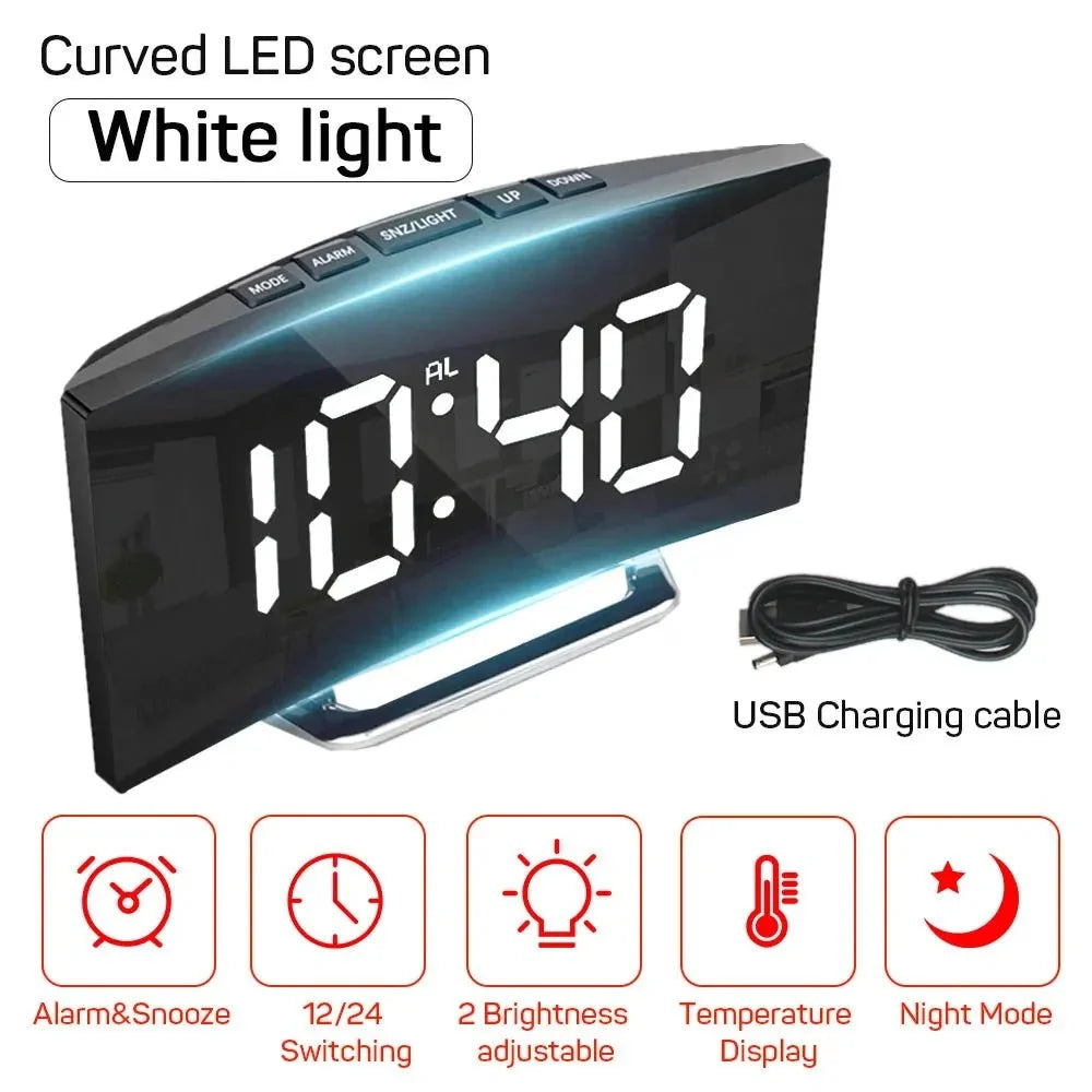 Digital Alarm Clock Large LED Display Silent Operation Mirror Gloss Finish