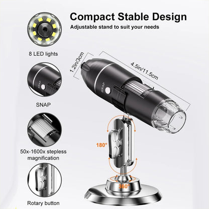 Digital Microscope 1600x Magnification USB-Powered Live Viewing