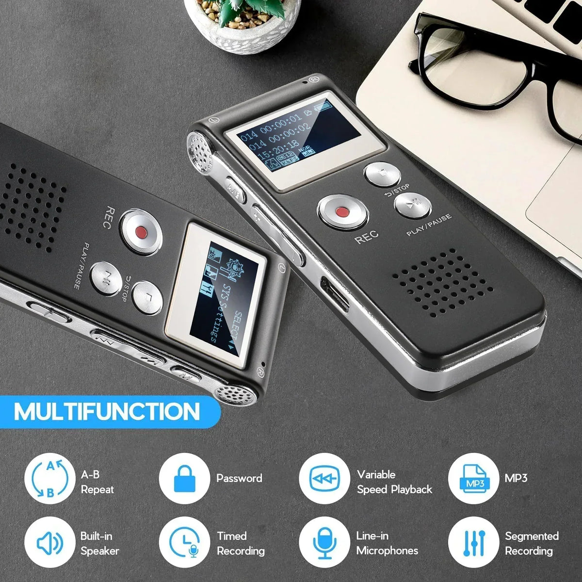 Digital Voice Recorder Voice-Activated Built-In Speaker & Headphone Jack