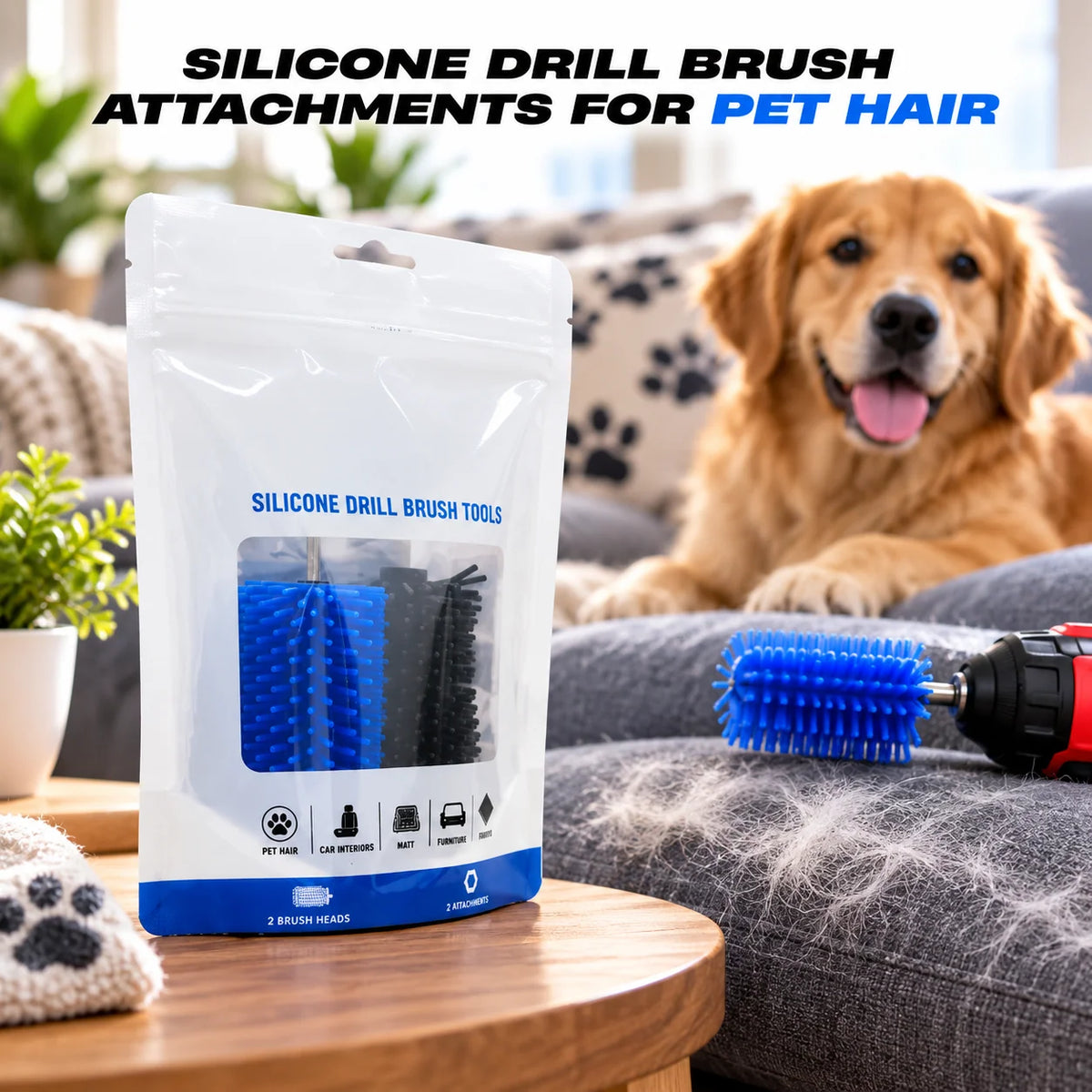 Drill Brush Set Flexible Silicone Pet Hair Remover 2 Heads