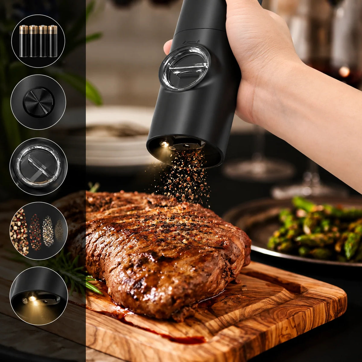 Electric Salt & Pepper Grinder Set Tilt-Activated LED</|im_end|>